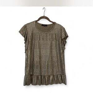 Glam party Cocktail Kim & Cami Metallic Gold Ruffle-Hem Short Sleeve Top size M